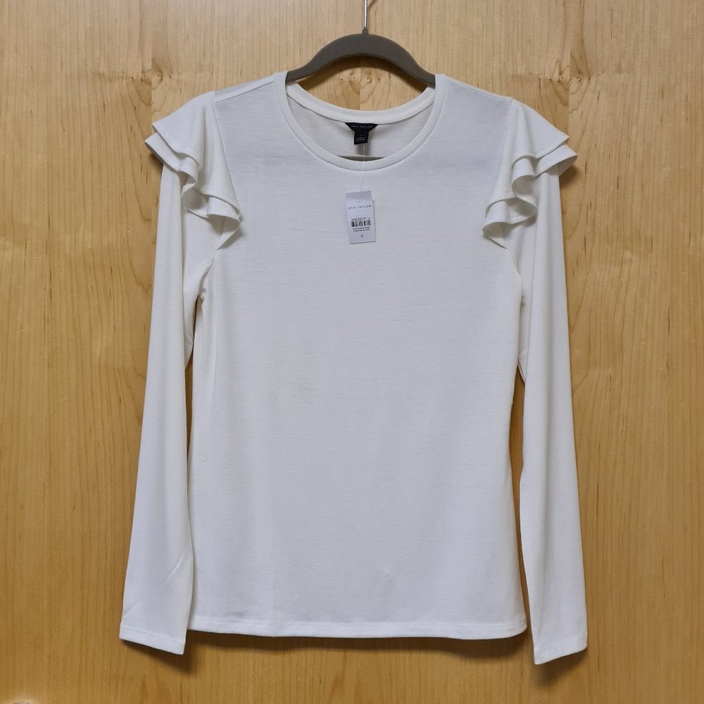 Ann Taylor White Long Sleeve Ruffle Tee